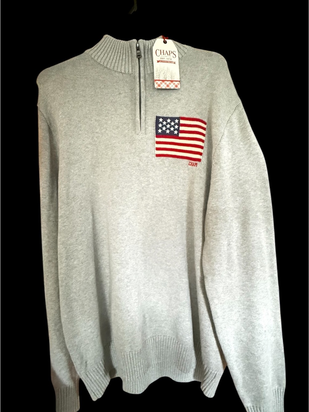 Chaps Light Gray Quarter-Zip Sweater with American Flag Patch